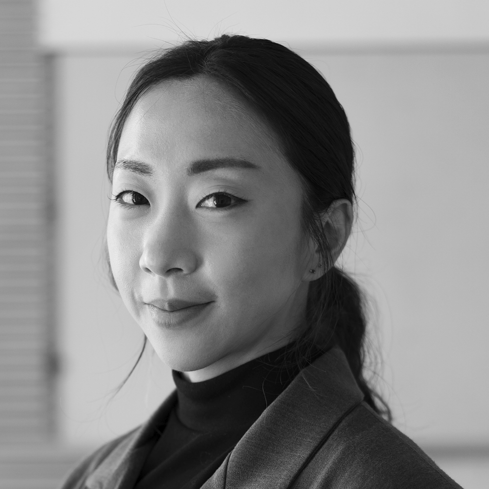 Black and white photo of Jen Kim.
