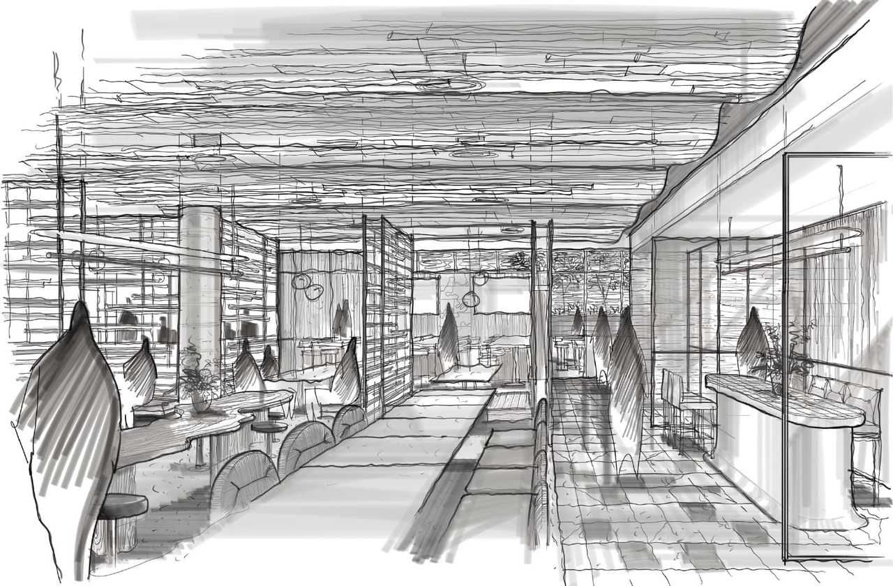 EARLY CONCEPT DRAWING OF LOUNGE AND DINING