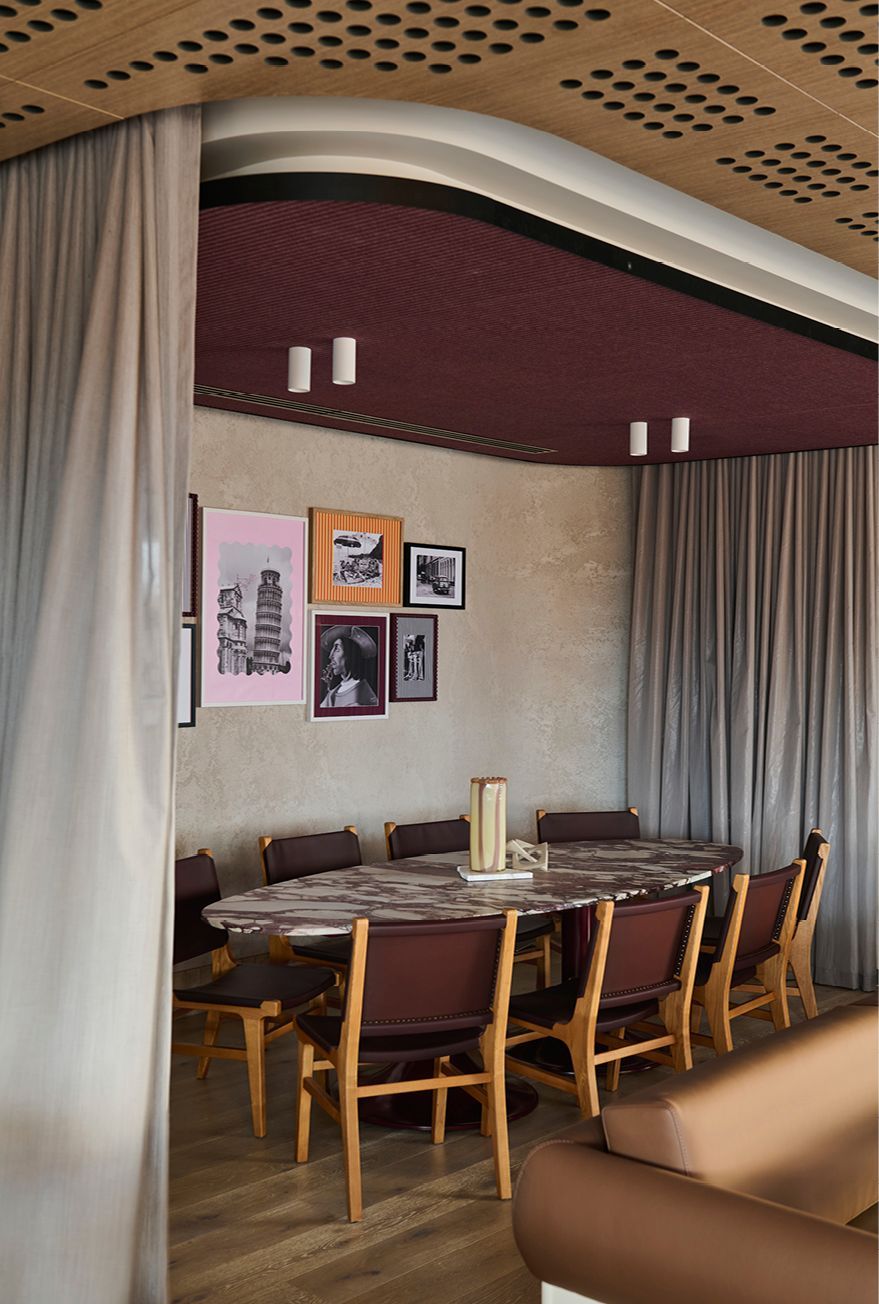 Wine-coloured finishes of the private dining space