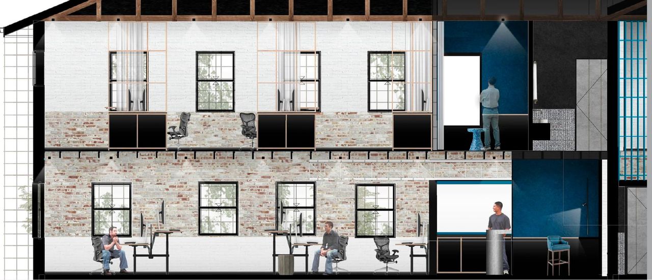 GROUND AND LEVEL 1 ELEVATION - OPEN-PLAN WORK SPACES, KITCHENETTE AND AMENITIES