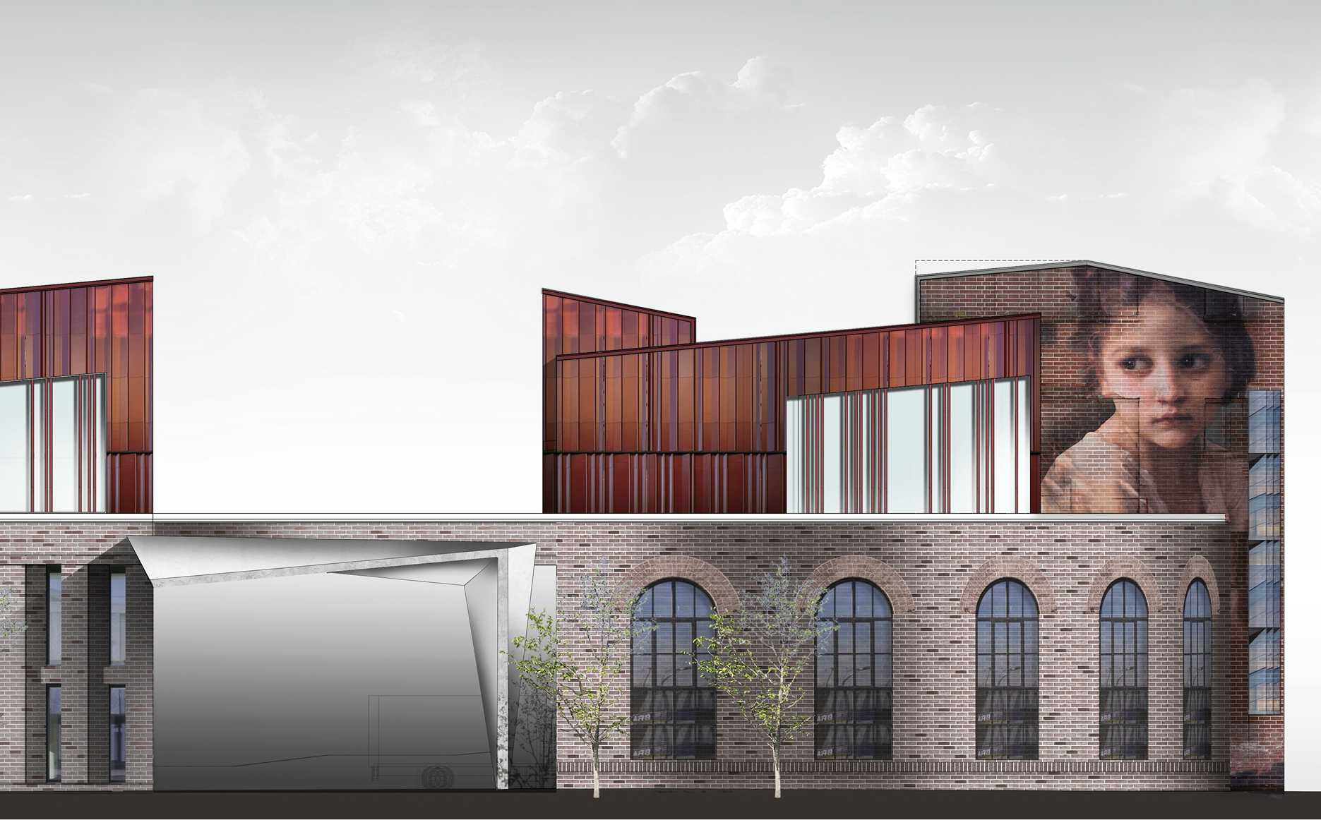 alt="Warehouse facade concept with brickwork and corregated iron cladding"