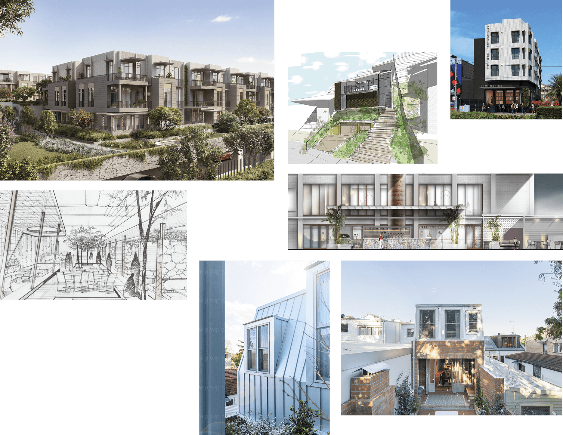 A collage of architectural design concepts.